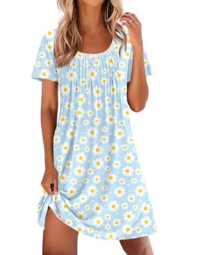 Image of Ekouaer Nightgowns for Women Pleated Sleep Shirts Short Sleeve Night Shirts Lace Trim Night Gown Ladies Sleep Dress