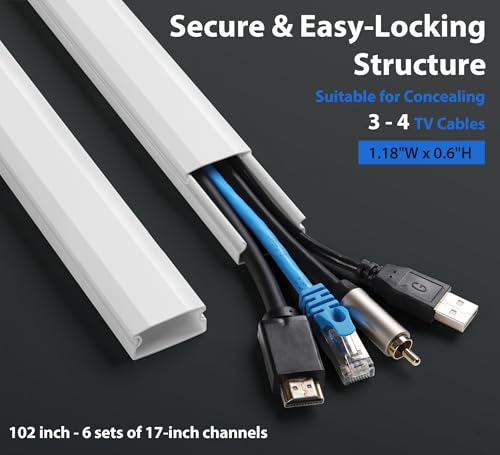 Image of ZhiYo Wall Cable Hider, Cord Hider to Hide 3-4 Cords, Self-Adhesive TV Wire Hider for Wall, Cable Management Kit, Wire Raceway White, 102in 6 x L17in, Paintable Cord Concealer, W1.2in x H0.6in