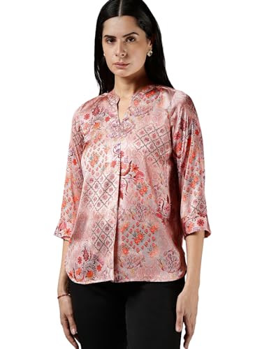 Image of FableStreet Women Shirt Work & Casual | Relaxed Fit Mandarin V-Neck Three-Quarter Sleeves Solid Pattern | Breathable Woven Fabric for Office & Everyday Wear