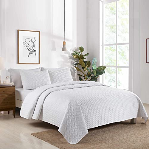 Boryard 3-Piece King Quilt Set, Lightweight Soft Leaf Embroidered Bedspread Coverlet (104X90 Inches) With 2 Pillow Shams (20X36 Inches) For All Season, White #TOP1