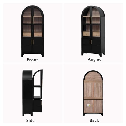 Black Tall Arched Cabinet with Glass Doors, Farmhouse Wood Kitchen Pantry Storage Cabinet W/ Drawers & Adjustable Shelves, China Hutech Cabinets for Dining Room, Living Room, Bathroom (Black, 71\")