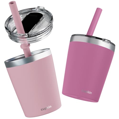 Image of CUPKIN Kids Tumblers, The Original 8 oz Stackable Stainless Steel Kids Cup with Straws, Set of 2 Powder Coated Insulated Toddler Tumbler + BPA Free Lids + Silicone Straws (Polignac + Potpourri)