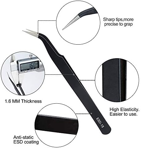 ESD Tweezers Kit Stainless Steel Precision Tweezers Set Anti-Static for Electronics Repairing Jewelry Making Tools with Bag 10 Pieces