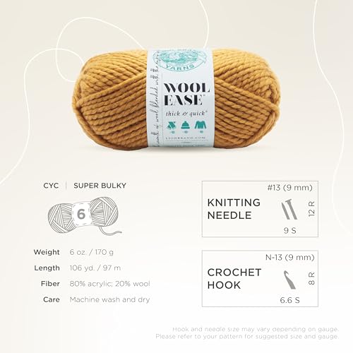 Image of Lion Brand Yarn Wool-Ease Thick and Quick Yarn, Soft and Bulky Yarn for Knitting, Crocheting, and Crafting, 1 Pack, Mustard | Super Bulky Wool Acrylic Blend Fiber for Soft Hats, Sweaters, Chunky Blankets, Yarn for Crochet, Knitting, Crafts, Weaving