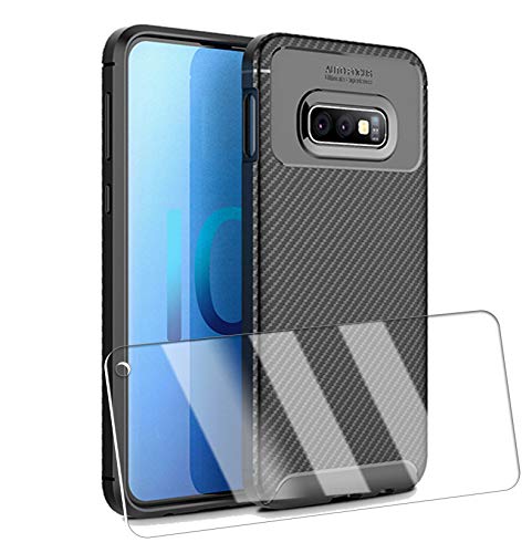 UCMDA Coque pour Samsung Galaxy S10E Silicone + Verre trempé écran Protecteur, Souple [Fibre de Carbone] TPU Bumper Etui Housse, Rugged Armor Anti Choc Silicone Case pour Samsung Galaxy S10E- Noir