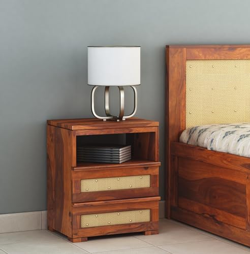 Image of Sheesham Wood Bedside Table for Bedroom Living Room Home Office with 2 Drawer and 1 Open Shelf Storage Furniture | Sofa Side Table | End Table | Nightstand (Honey Finish)