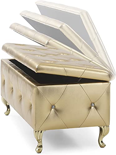 Ac Pacific Bench With Upholstered Tufted Leather Cushion Leg Finish, Glam Storage Ottoman For Entryway, Hallway, Living Room Or Bedroom, Gold Crystal #TOP6