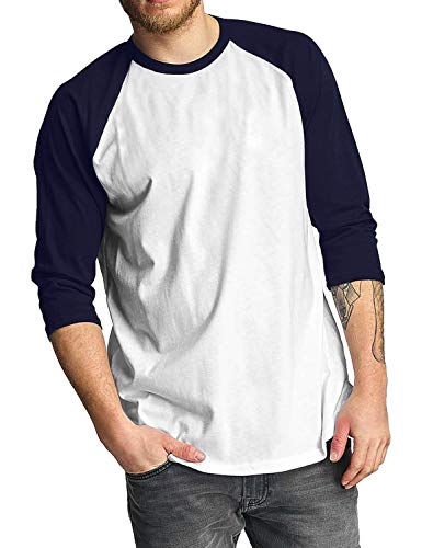 Hat and Beyond Mens Raglan 3/4 Sleeve T Shirts Casual Baseball Jersey(Small, White/Navy)