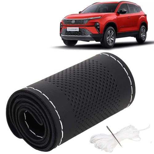 Image of KINGSWAY PU Leatherite Car Steering Cover Sewable Compatible with Tata Harrier (Year 2023 Onwards), Black Color with Silver Thread, Pack of 1 with Sewing Needle and Thread