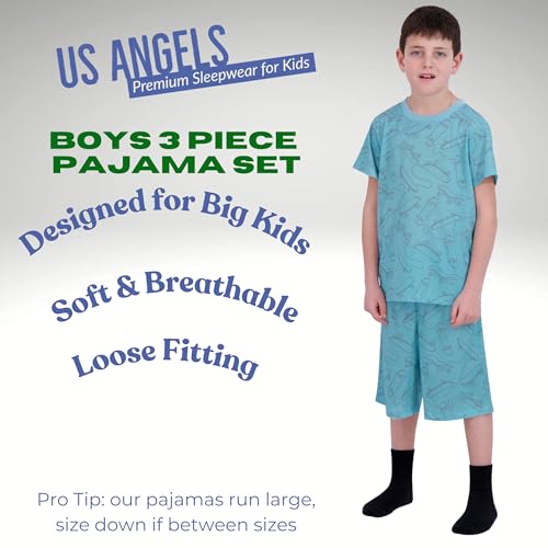 Image of US Angels Boys Pajamas Set | 3-Piece Pant, Shirt, Shorts Sleepwear Pjs for Kids | Loose Fit, Soft, Breathable Blue Plaid
