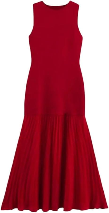 Women's Versatile Splice Round Neck Knitted Dress Casual Skirt Basic Everyday Dress