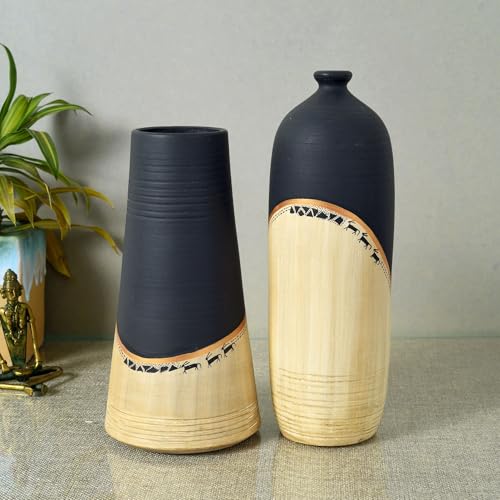 Image of Aakriti Art Creations | Midnight's Secret Large Vase Set of Two Living Room & Bedside Home Decorative Flower Terracotta Vases (5X5X9.6, 4X4X11.5)