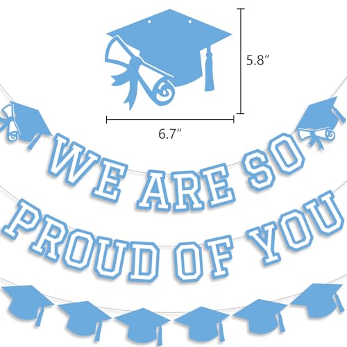 Image of We Are So Proud Of You Banner Graduation Party Decorations Congrats Grad Cap Garlands Wall Sign Light Blue White