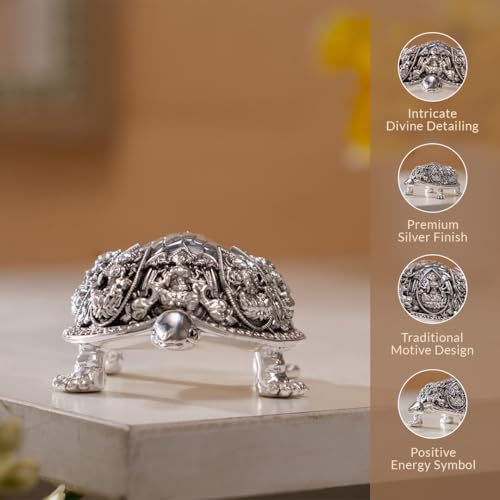 Image of Svastika Silver-Plated Ashtalakshmi Kurma Tortoise | 3.5 Inch Vastu Idol with 8 Lakshmi Avatars for Wealth & Prosperity | Spiritual Home Decor