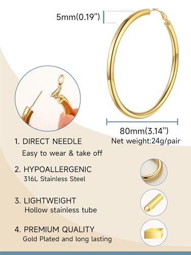 Image of Stainless Steel Chunky Hoop Earrings For Women, Minimalist and Chic, Black /Gold Plated, Round Hoops Earrings Hypoallergenic, Size: 30mm /40mm /60mm /80mm, Come with Box