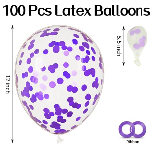 Image of 100pcs Purple Confetti Balloons 12 Inch Clear Latex Balloon with Purple Confetti Inside for Balloon Garland or Arch Birthday Anniversary Graduation Engagement Wedding Party Decorations