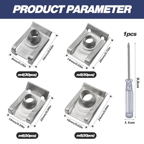 100 Stück Blechmutter, U-Typ Blechmuttern mit Kreuzschlitzschraubendreher, M4/M5/M6/M8 Blechmuttern Sortiment Set, Edelstahl Gewinde Clip Mutter, Mutter Clip Kit für Auto Karosserieschrauben Muttern