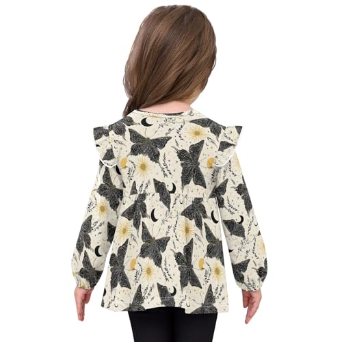Black Butterflies with Sun Girls Shirts Cotton Long Sleeve Ruffle Toddler Tee Tops4
