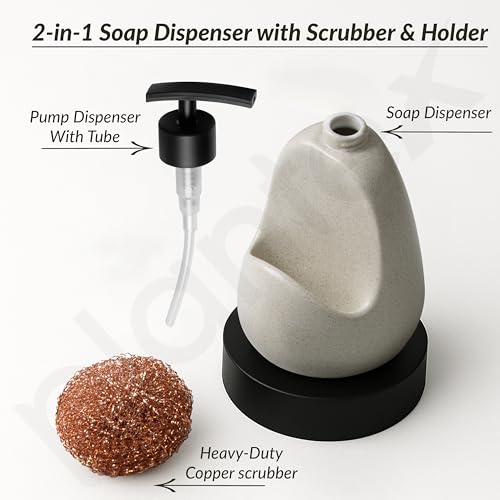Image of Plantex Ceramic Soap Dispenser with Scruber /Sink Dish Washing Liquid Soap Dispenser for Wash Basin - Bathroom Accessories - (Beige and Black)