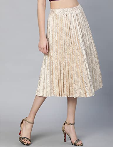 Image of oxolloxo Women Beige Jacquard Printed Pleated & Elasticated Skirt