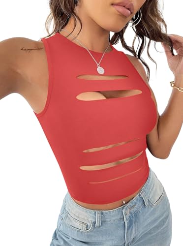 Image of LovelyWholesale Women Sexy Cut Out Crop Tank Tops Crew Neck Summer Sleeveless Top