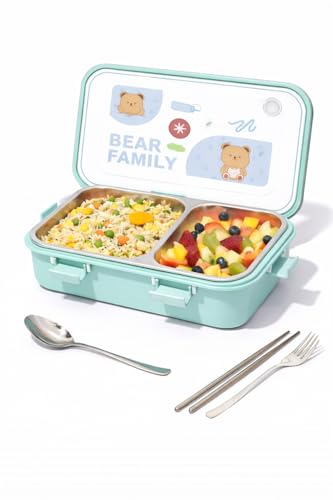 Image of Brand Conquer Lunch Box Leak-Proof BPA Free Stainless Steel for School, Lunch Box for School & Office with a Fork, a Spoon and a Pair of Chopsticks (Green, Bear Family 2 Compartment)