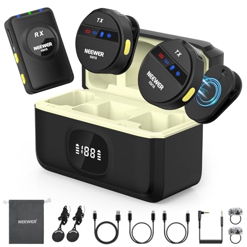NEEWER KM18 Microfono Wireless con Custodia di Ricarica USB C OTG 48KHz 24Bit Batteria 20H TRS 3,5mm Portata 150m, Mini Mic Lav Antirumore Compatibile con iPhone Telefono Android Laptop PC Fotocamera