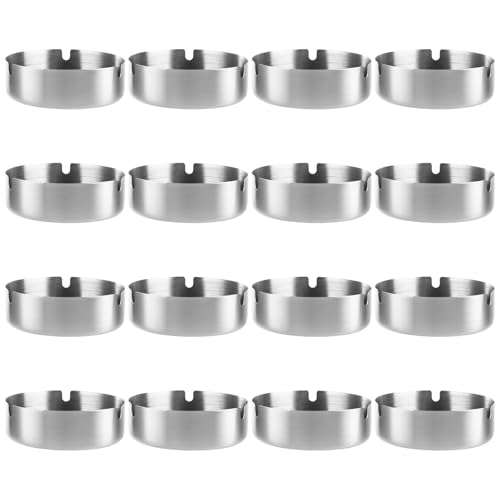 AKOLAFE 16 Pezzi Posacenere 10cm Posacenere Rotondo in Acciaio Inox posacenere Bar Impermeabile Posaceneri Acciaio Inox Posaceneri da Esterno Interno con 3 Scanalature per Ristorante, Salotto(Argento)