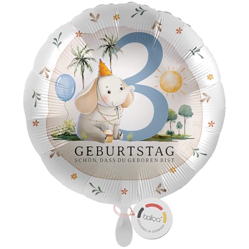 balloa Globo de aluminio XXL para 3 cumpleaños, regalo de cumpleaños infantil, elefante, safari, globo de helio grande, redondo, decoración para niñas o niños, decoración original de cumpleaños, 53 cm