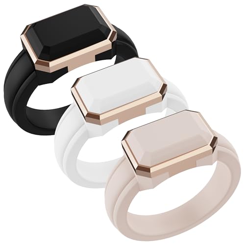 ThunderFit Trinity Stone Silicone Rings for Her - Faux Gemstone Rubber Wedding Engagement Bands for Women's, Variety Multipacks 1-3