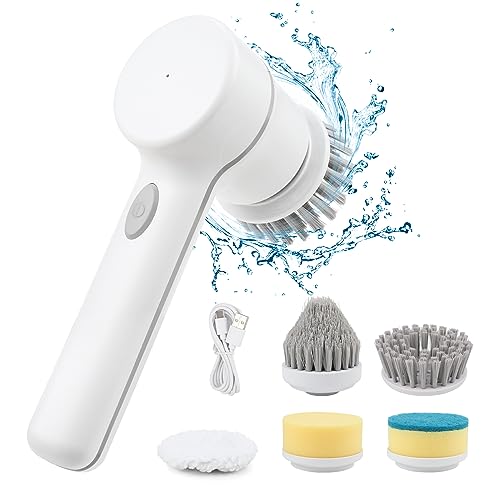 CONERX Electric Spin Scrubber Cordless Power Cleaning Brush with 5 Replaceable Brush Heads Rechargeable Scrubber for Bathroom Tub Sink Kitchen Dishes Tile Window Floor Grout, White