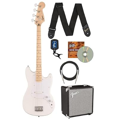Fender Squier Sonic Bronco Bass Guitar - Arctic White Bundle with Rumble 15 Bass Amplifier, Cable, Tuner, Strap, and Austin Bazaar Instructional DVD