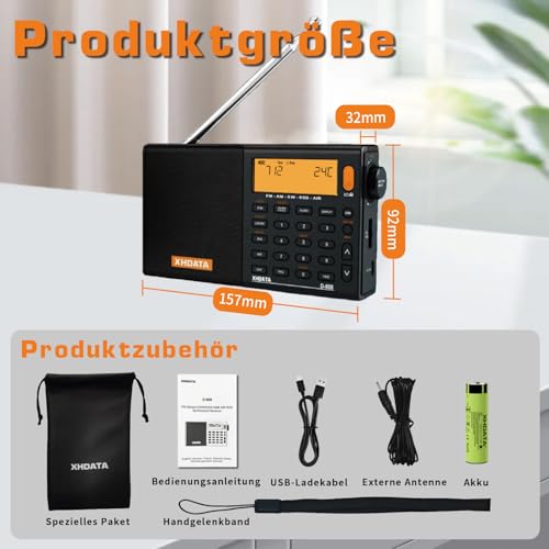 XHDATA D808 Tragbares Digitales Radio, Weltempfänger Radio, Kurzwellenempfänger, UKW-Stereo/KW/MW/LW SSB Air Band Weltempfänger, RDS, Radio batteriebetrieben, mit Externer Antenne (Schwarz)