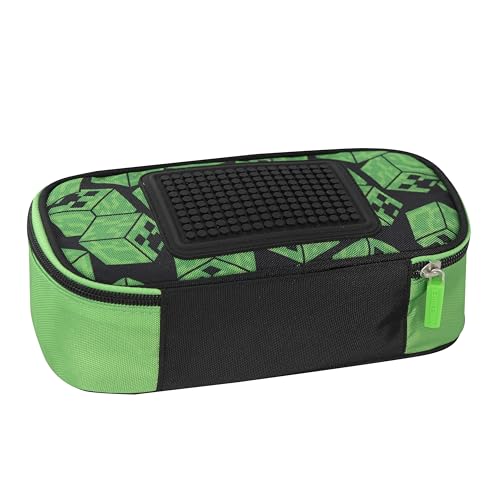 Minecraft Federmäppchen für die Schule, oval, offizielles Minecraft, ideal für die Aufbewahrung von Schreibwaren, mit Trennwand innen mit elastischen Schlaufen, Reißverschluss und Pixel zur