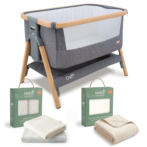 Tutti Bambini CoZee Bedside Crib Bundle with Mattress Included Baby Bassinet 2 Fitted Sheets & Waterproof Protector | Newborn Baby Crib from Birth to 6 Months | Oak & Charcoal