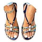  Minetom Femme Sandales Plates Été Boho Confortables Bout Ouvert Tongs de Plage Chaussures Décontractées B Bleu 42 EU