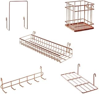 JOVONE Rose Gold Wall Grid Hanging Basket, Hanging Shelf, Pen Holder, Hook Shelf, Bookcase, Wall Grid Accessories, Set of 5 (Rose Gold)