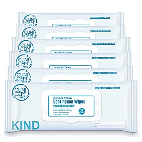 Clinicept Care Incontinence Wipes with 4% Dimethicone - NHS Approved Aloe Vera Antibacterial Alcohol Free Soothes and Moisturises. (6 packs of 25 150 wipes)