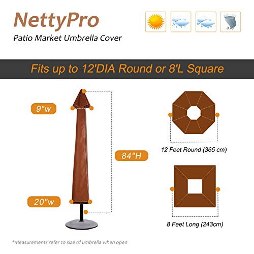 NettyPro Patio Umbrella Cover Outdoor Waterproof Market Umbrella Cover Fits Up to 12 Feet, Brown