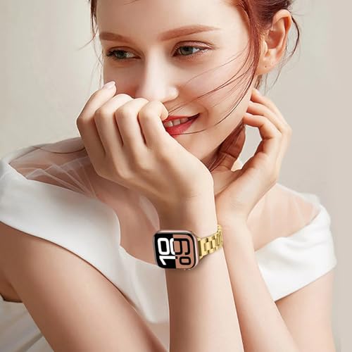 Image of Anlinser Bands Compatible with Apple Watch Band 49mm 46mm 45mm 44mm 42mm, Women Slim Stainless Steel Metal Strap for iWatch Ultra 2 Series 10 9 8 7 6 5 4 3 2 1 SE (Gold)