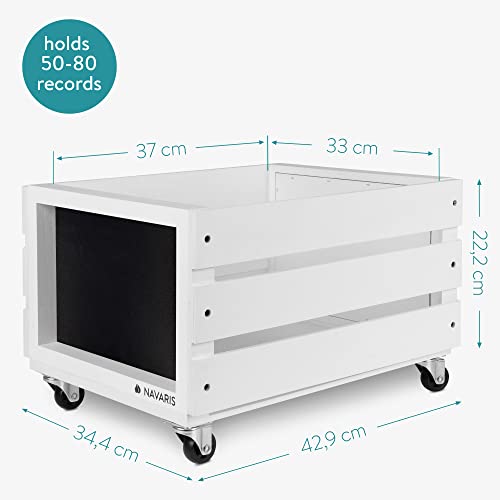 Navaris Caja para discos de vinilo - Mueble de madera con ruedas porta vinilos - Estilo vintage con pizarra para anotar - Soporte de almacenaje blanco - imagen 6