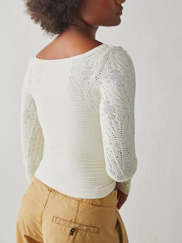Image of Womens Long Sleeve Square Neck Sweater 2025 Ribbed Knit Crop Sweater Slim Fitted Crochet Solid Tops White