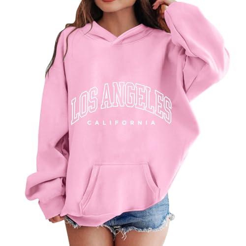 Los Angeles Oversized Hoodies for Girls Trendy Letter Graphic Fleece Fashion Casual Fall Winter Hooded Pullover Tops
