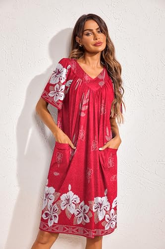 Image of Ekouaer Womens House Dress Floral Print Nightgown with Pockets Mumu Dress | V Neck Nightgowns for Women Pleated Short Sleeves Mumu Dresses Knee Length Moo Moo for Sleep, Daily Wear, Vacation, Party