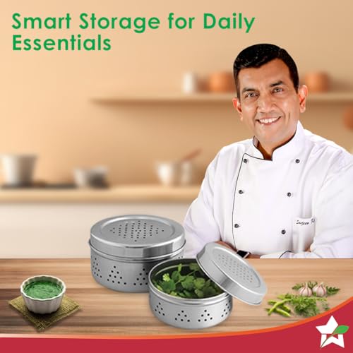 Image of Wonderchef Ambrosia Stainless-Steel Coriander Box (2 Pcs.) | Perforated Container for Air Circulation | Food-Grade, Non-Corrosive, Sturdy | 1-Year Warranty
