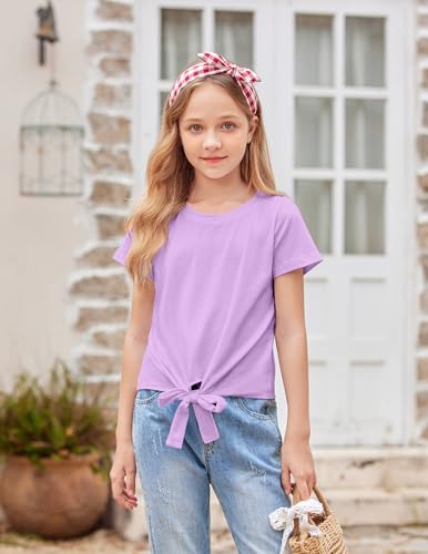 Image of Arshiner Girls Short Sleeve Shirts Tie Knot Front Tops T Shirts for Kids Crewneck Cute Casual Tie Dye Tee Blouse
