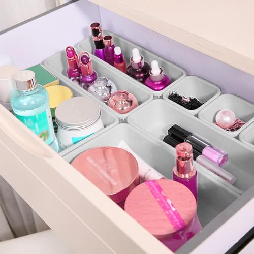 8 Pcs Organisateur Rangement Tiroir Cuisine Organiseur de Rangement Bureau Tiroir Plastique Salle avec 40 Pcs Boule Bntidérapante en Siliconedede Bain Plateaux pour Maquillage, Cuisine(Gris Clair) – vue 5