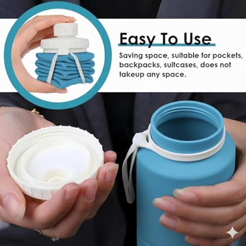 Image of SILENCIO Silicone Water Bottle 600 ml | Foldable Leak Proof Travel Bottle | BPA Free Reusable Drinking Bottle for Gym, Trekking, Camping & Outdoor Use (BLUE)