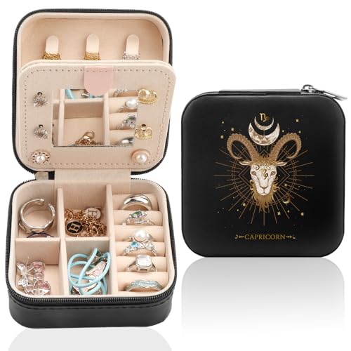 FIDWALL Joyero de Viaje Personalizado con Espejo,Estuche Compacto para Joyas de viaje mujer con Signo del Zodiaco,Organizador de Joyas Portátil,Regalo Ideal para Cumpleaños (Capricornio)