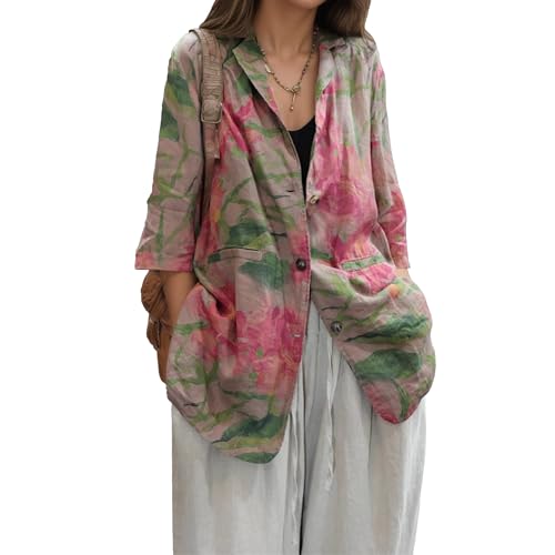 Women's Boho Cotton Linen Blazer Floral Print 3/4 Sleeve Notch Lapel Collar Loose Fit Casual Jacket with Pockets
